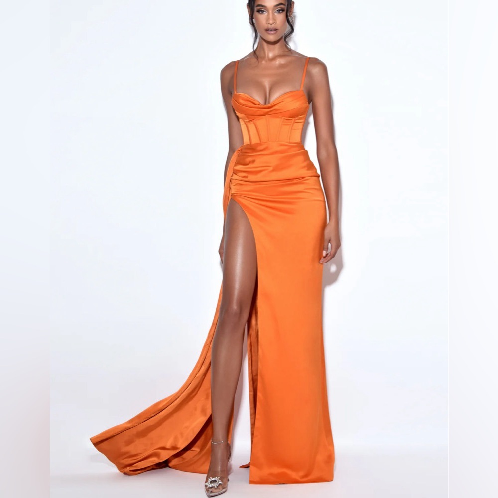 Miss Circle Satin Corset High Slit Gown